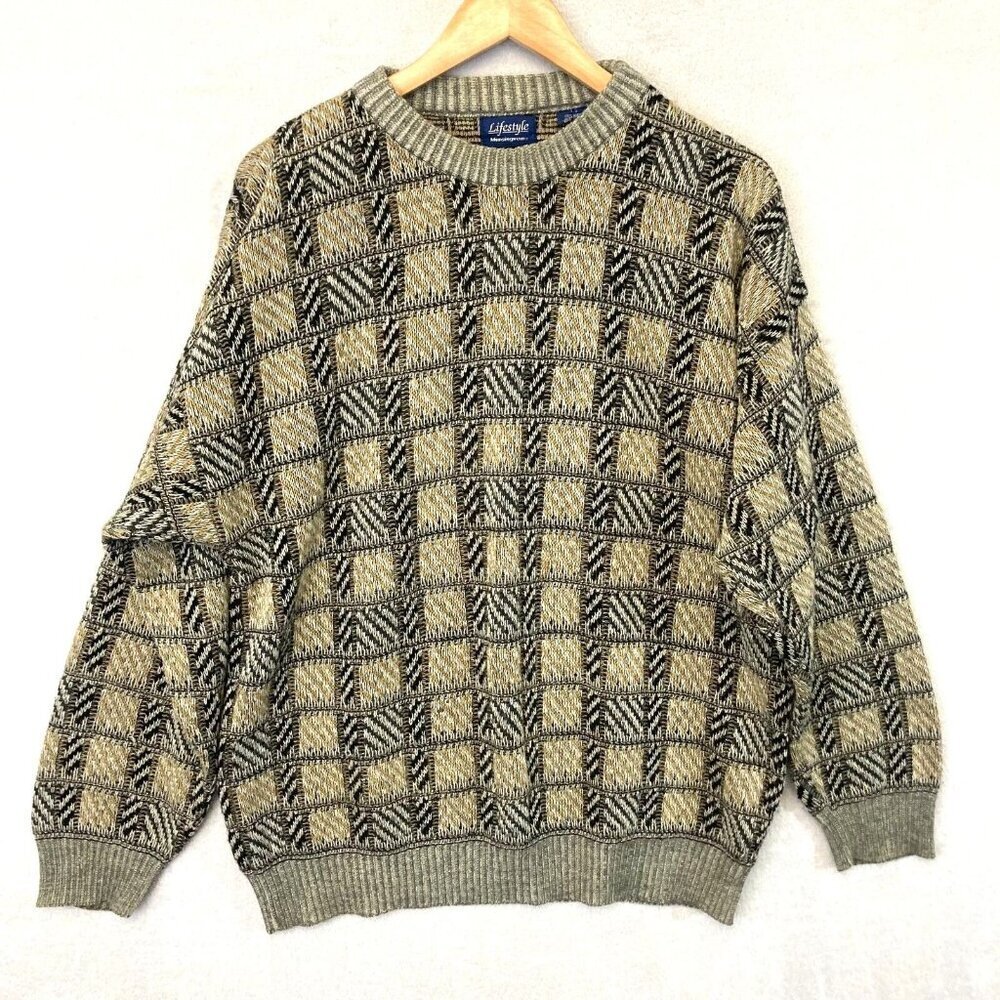 Vintage Lifestyle Munsingwear Knit Sweater Mens‎ Large L Tan Plaid Grandpa Dad